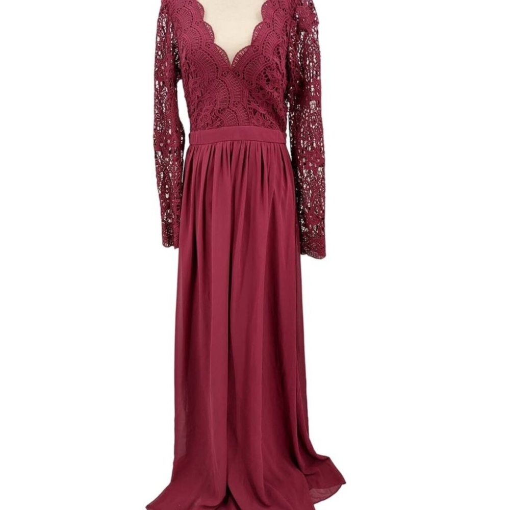 Lulu's Burgundy Lace Long Sleeve Maxi Dress
